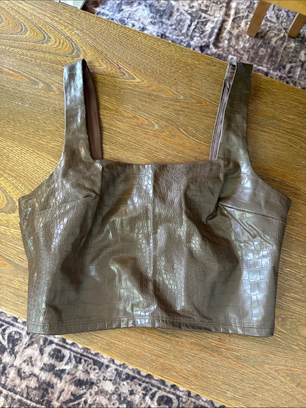 Express Croc-Embossed Faux Leather Crop Top in Dark Brown